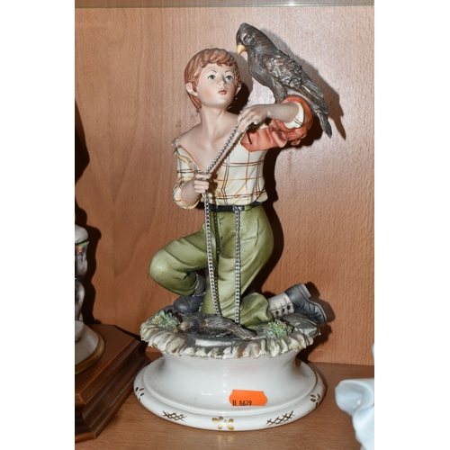 375 - A GROUP OF CAPODIMONTE PORCELAIN FIGURES,  comprising a figure of a young boy with a falcon, signatu... 