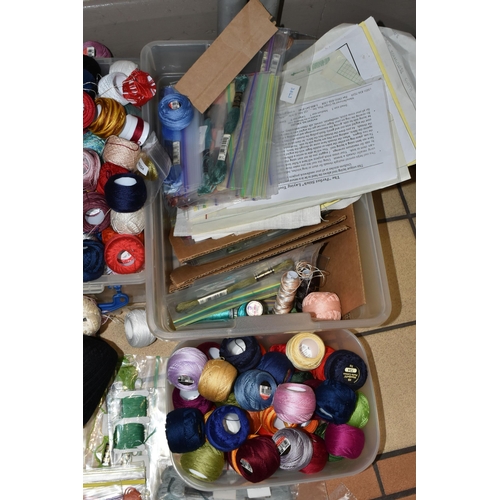 383 - FIVE SMALL PLASTIC STORAGE BOXES OF HABERDASHERY, to include a collection of unused coloured bead wi... 