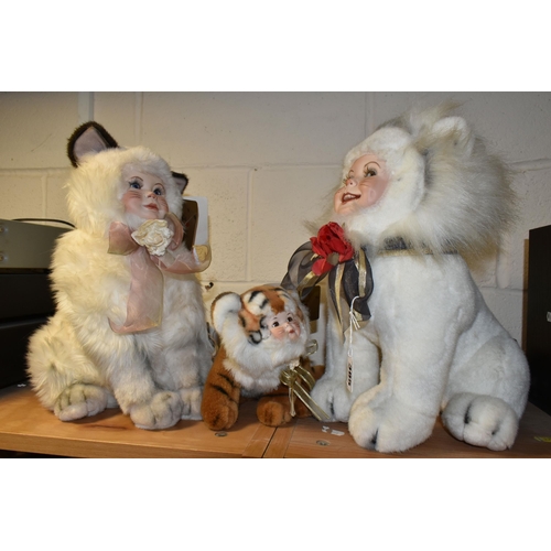 385 - A GROUP OF THREE SANDRA WILLIAM CREATION ANTHROPORMORPHIC DOLLS, comprising a seated White Lion (mis... 