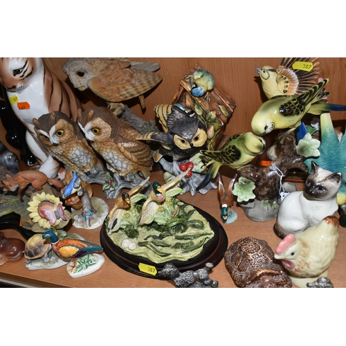 387 - A COLLECTION OF BIRD AND ANIMAL ORNAMENTS, comprising a chalkware Blue Tits 'Bird House' figure, a t... 