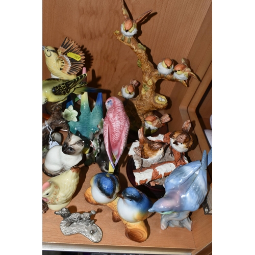 387 - A COLLECTION OF BIRD AND ANIMAL ORNAMENTS, comprising a chalkware Blue Tits 'Bird House' figure, a t... 