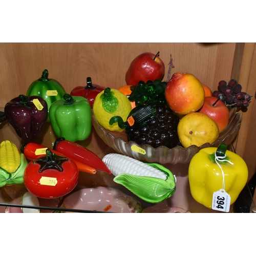 394 - A GROUP OF GLASS AND OTHER ARTIFICIAL FRUITS AND VEGETABLES, to include a frosted glass fruit bowl, ... 