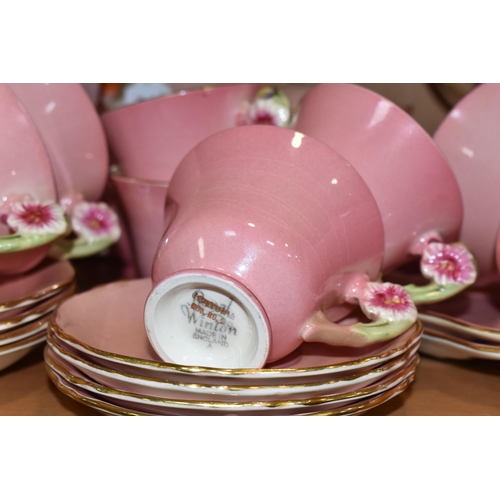 396 - THIRTY EIGHT PIECES OF ROYAL WINTON PINK 'PETUNIA' TEA AND DINNER WARES, comprising a coffee pot (co... 