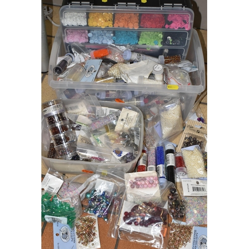 398 - TWO BOXES OF BEADS, to include packs of mainly sealed assorted beads, seed beads, spacer beads, glas... 