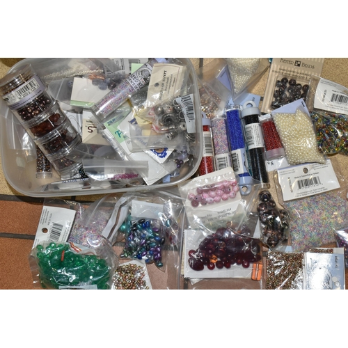 398 - TWO BOXES OF BEADS, to include packs of mainly sealed assorted beads, seed beads, spacer beads, glas... 