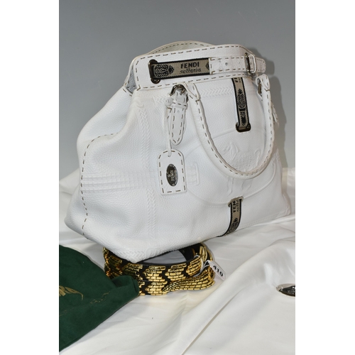 410 - FENDI AND VERSACE HAND BAGS AND A BLACK LEATHER COBRA BELT, comprising a 'Cobra' black leather and g... 