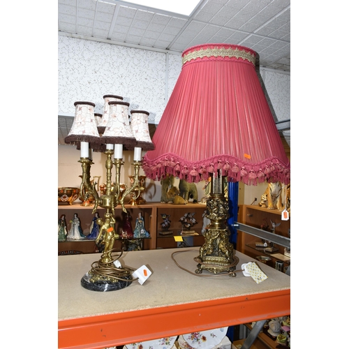 412 - TWO LARGE TWENTIETH CENTURY STYLE TABLE LAMPS, comprising of a gilt metal candelabra lamp with a che... 