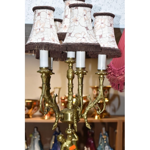 412 - TWO LARGE TWENTIETH CENTURY STYLE TABLE LAMPS, comprising of a gilt metal candelabra lamp with a che... 