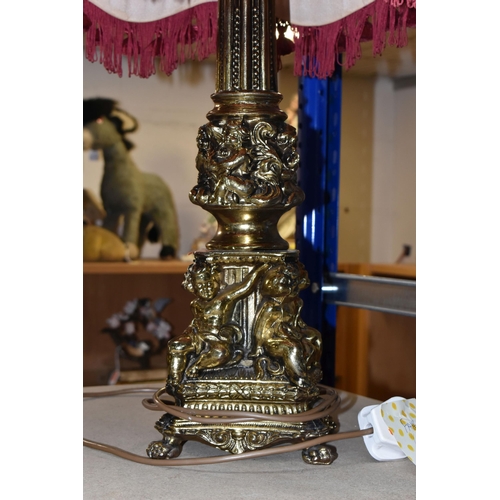 412 - TWO LARGE TWENTIETH CENTURY STYLE TABLE LAMPS, comprising of a gilt metal candelabra lamp with a che... 