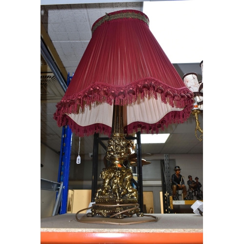 412 - TWO LARGE TWENTIETH CENTURY STYLE TABLE LAMPS, comprising of a gilt metal candelabra lamp with a che... 