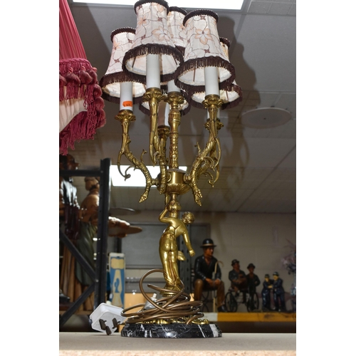 412 - TWO LARGE TWENTIETH CENTURY STYLE TABLE LAMPS, comprising of a gilt metal candelabra lamp with a che... 