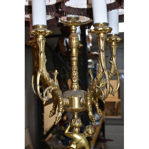 412 - TWO LARGE TWENTIETH CENTURY STYLE TABLE LAMPS, comprising of a gilt metal candelabra lamp with a che... 