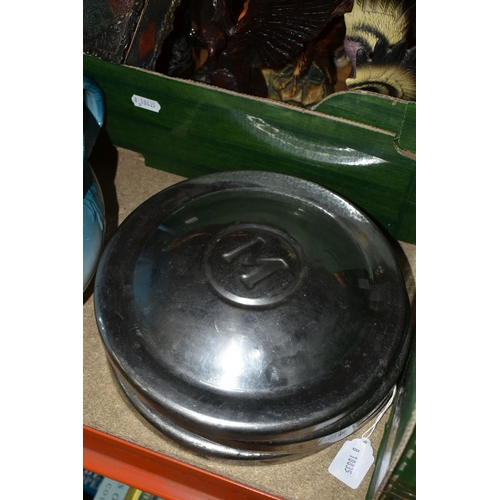 418 - TWO BOXES AND LOOSE GLASSWARE, CERAMICS AND MISCELLANEOUS, to include, 1950's Morris Minor hub caps ... 