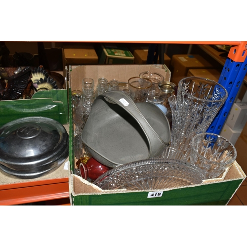 418 - TWO BOXES AND LOOSE GLASSWARE, CERAMICS AND MISCELLANEOUS, to include, 1950's Morris Minor hub caps ... 