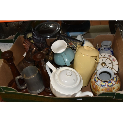 418 - TWO BOXES AND LOOSE GLASSWARE, CERAMICS AND MISCELLANEOUS, to include, 1950's Morris Minor hub caps ... 