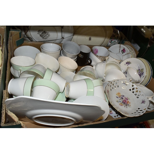 419 - FIVE BOXES OF ASSORTED CERAMICS AND GLASSWARE, to include, Indian Tree vase 575, three vintage Wade ... 