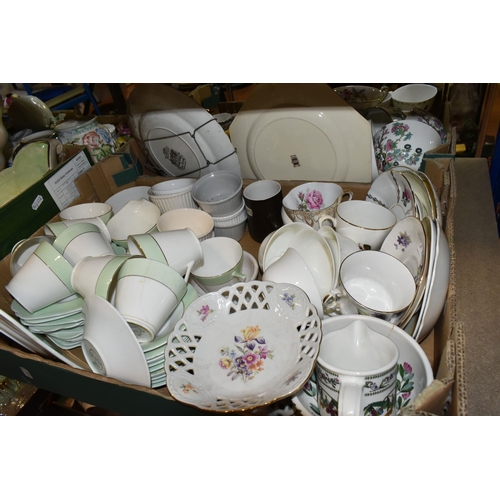 419 - FIVE BOXES OF ASSORTED CERAMICS AND GLASSWARE, to include, Indian Tree vase 575, three vintage Wade ... 