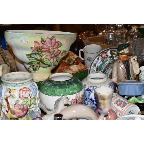 419 - FIVE BOXES OF ASSORTED CERAMICS AND GLASSWARE, to include, Indian Tree vase 575, three vintage Wade ... 