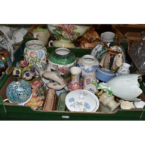 419 - FIVE BOXES OF ASSORTED CERAMICS AND GLASSWARE, to include, Indian Tree vase 575, three vintage Wade ... 