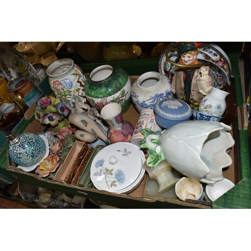 419 - FIVE BOXES OF ASSORTED CERAMICS AND GLASSWARE, to include, Indian Tree vase 575, three vintage Wade ... 