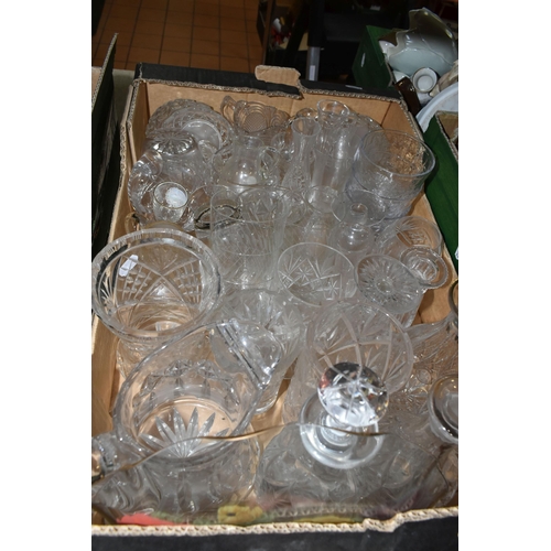 419 - FIVE BOXES OF ASSORTED CERAMICS AND GLASSWARE, to include, Indian Tree vase 575, three vintage Wade ... 