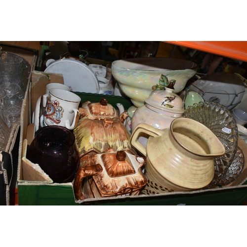 419 - FIVE BOXES OF ASSORTED CERAMICS AND GLASSWARE, to include, Indian Tree vase 575, three vintage Wade ... 