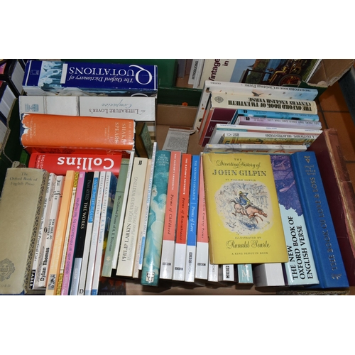 420 - FOUR BOXES OF BOOKS, subjects to include various dictionaries, thesaurus, English prose, poetry, pla... 