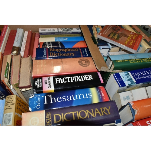 420 - FOUR BOXES OF BOOKS, subjects to include various dictionaries, thesaurus, English prose, poetry, pla... 