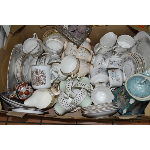 421 - FIVE BOXES OF ASSORTED CERAMICS AND GLASSWARE, to include, a variety of tea ware, cups and saucers i... 