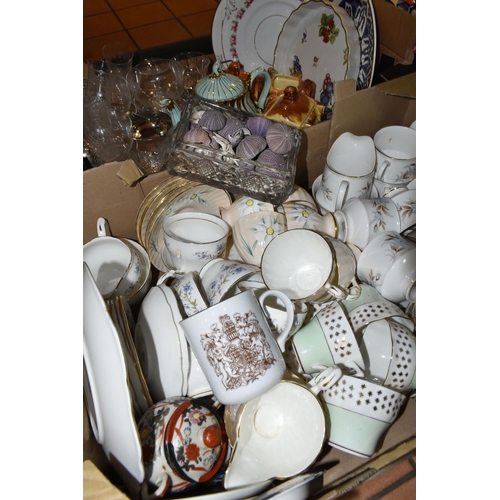 421 - FIVE BOXES OF ASSORTED CERAMICS AND GLASSWARE, to include, a variety of tea ware, cups and saucers i... 