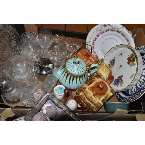 421 - FIVE BOXES OF ASSORTED CERAMICS AND GLASSWARE, to include, a variety of tea ware, cups and saucers i... 