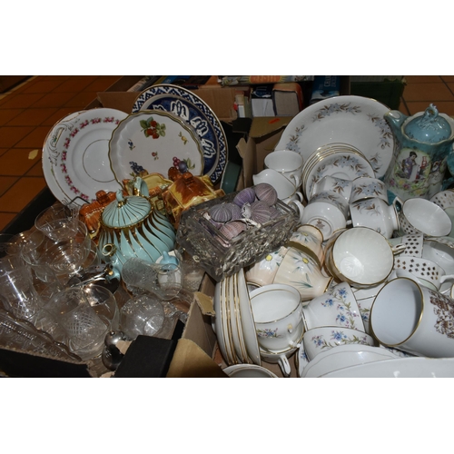 421 - FIVE BOXES OF ASSORTED CERAMICS AND GLASSWARE, to include, a variety of tea ware, cups and saucers i... 