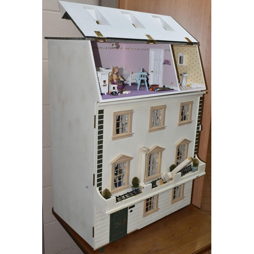 442 - A LARGE MODERN WOODEN DOLLS HOUSE MODELLED AS A TWO STOREY GEORGIAN TOWN HOUSE WITH ATTIC, fully fur... 