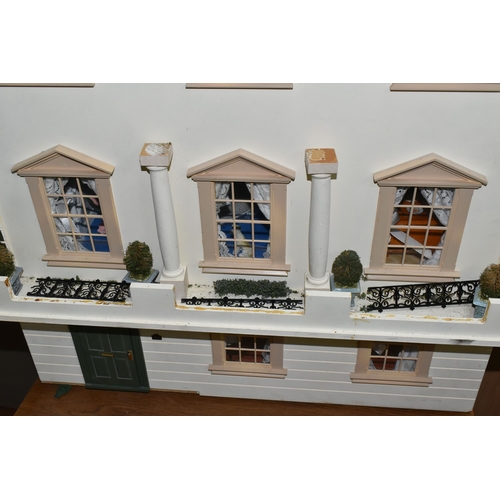 442 - A LARGE MODERN WOODEN DOLLS HOUSE MODELLED AS A TWO STOREY GEORGIAN TOWN HOUSE WITH ATTIC, fully fur... 