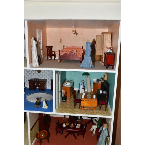 442 - A LARGE MODERN WOODEN DOLLS HOUSE MODELLED AS A TWO STOREY GEORGIAN TOWN HOUSE WITH ATTIC, fully fur... 