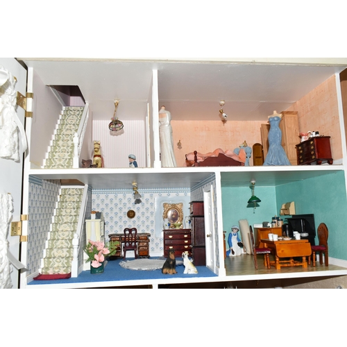 442 - A LARGE MODERN WOODEN DOLLS HOUSE MODELLED AS A TWO STOREY GEORGIAN TOWN HOUSE WITH ATTIC, fully fur... 