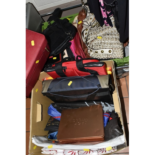 446 - THREE BOXES OF BAGS AND MISCELLANEOUS AND LADIES CLOTHES, to include, a qty of ladies two piece suit... 