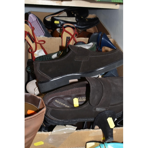 447 - FIVE BOXES AND LOOSE OF LADIES AND MENS FOOTWARE, to include, shoes, kitten heel sandals, dolly shoe... 