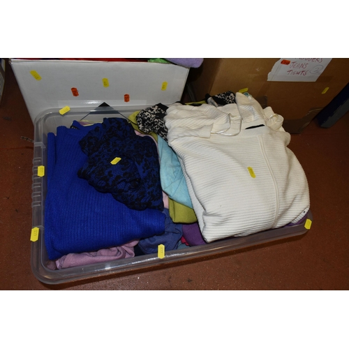 448 - SIX BOXES OF LADIES CLOTHES, to include cardigans, jumpers, and knitwear, trousers, skirts and jeans... 