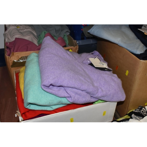 448 - SIX BOXES OF LADIES CLOTHES, to include cardigans, jumpers, and knitwear, trousers, skirts and jeans... 