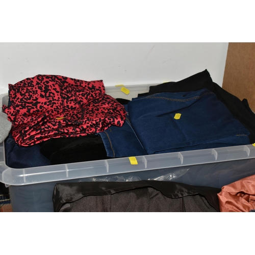 448 - SIX BOXES OF LADIES CLOTHES, to include cardigans, jumpers, and knitwear, trousers, skirts and jeans... 