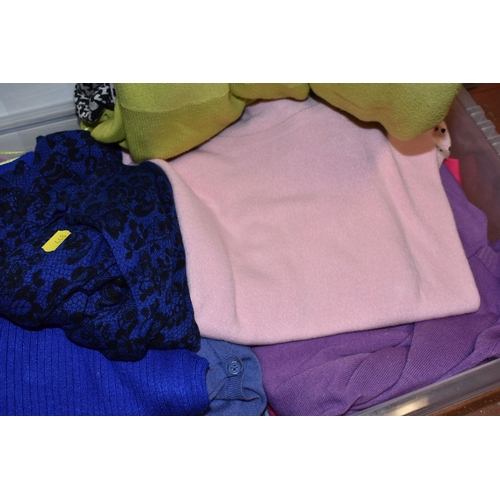 448 - SIX BOXES OF LADIES CLOTHES, to include cardigans, jumpers, and knitwear, trousers, skirts and jeans... 