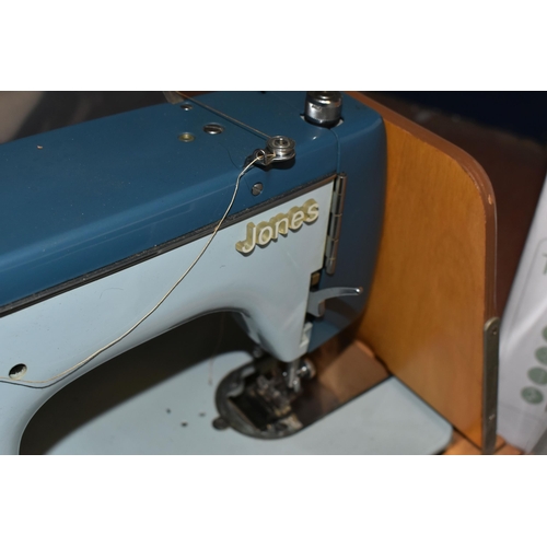 449 - THREE ELECTRIC SEWING MACHINES, included a vintage Jones heavy duty in a case, Singer Talent 3321 in... 