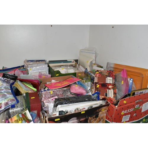 450 - FIVE BOXES OF CRAFTING SUPPLIES, included a large quantity of needle craft items, novelty buttons, s... 