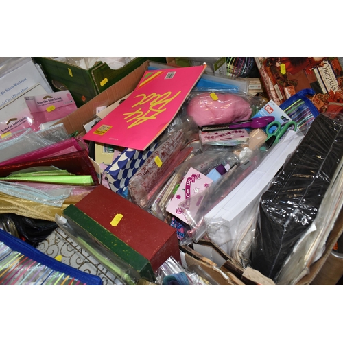 450 - FIVE BOXES OF CRAFTING SUPPLIES, included a large quantity of needle craft items, novelty buttons, s... 