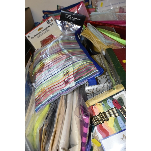 450 - FIVE BOXES OF CRAFTING SUPPLIES, included a large quantity of needle craft items, novelty buttons, s... 