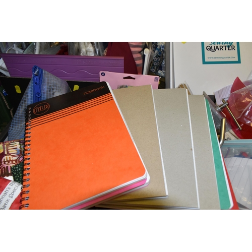 451 - FOUR BOXES OF CRAFT SUPPLIES, to include approximately 14 packs of fat quarters varies colours and p... 