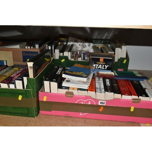 452 - SIX BOXES OF BOOKS, CDS AND LPS, books include subjects, Dan Brown hard backs/paperbacks, medieval h... 