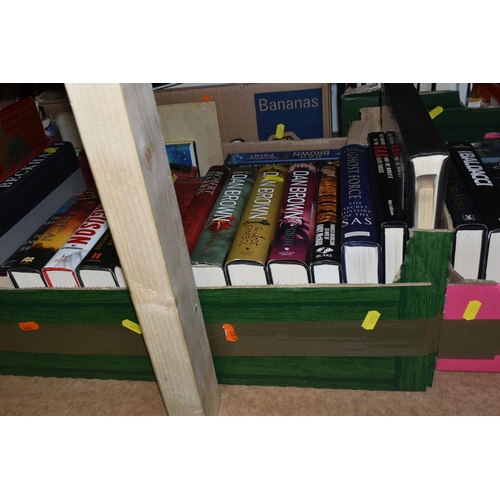 452 - SIX BOXES OF BOOKS, CDS AND LPS, books include subjects, Dan Brown hard backs/paperbacks, medieval h... 