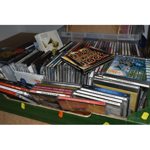 452 - SIX BOXES OF BOOKS, CDS AND LPS, books include subjects, Dan Brown hard backs/paperbacks, medieval h... 